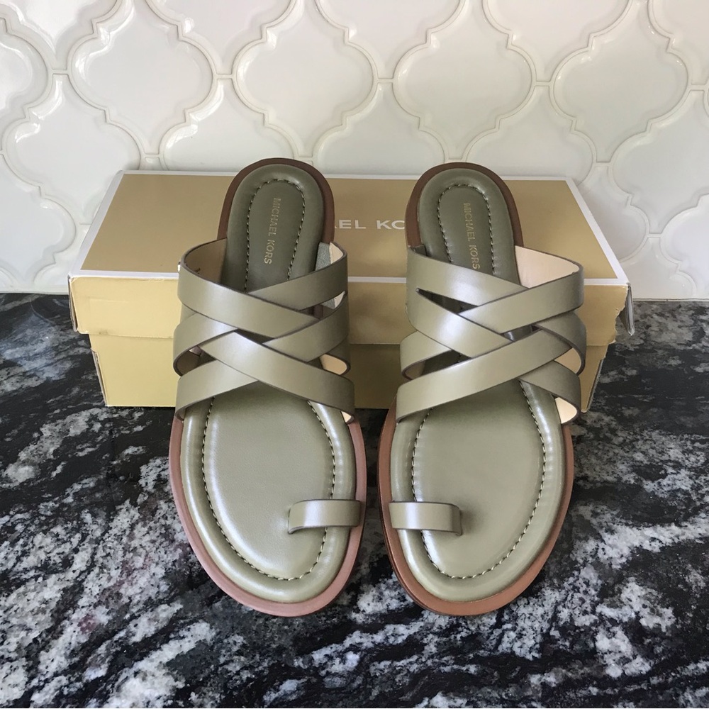 Michael Kors Olive Green Crisscross Leather Slide Sandals